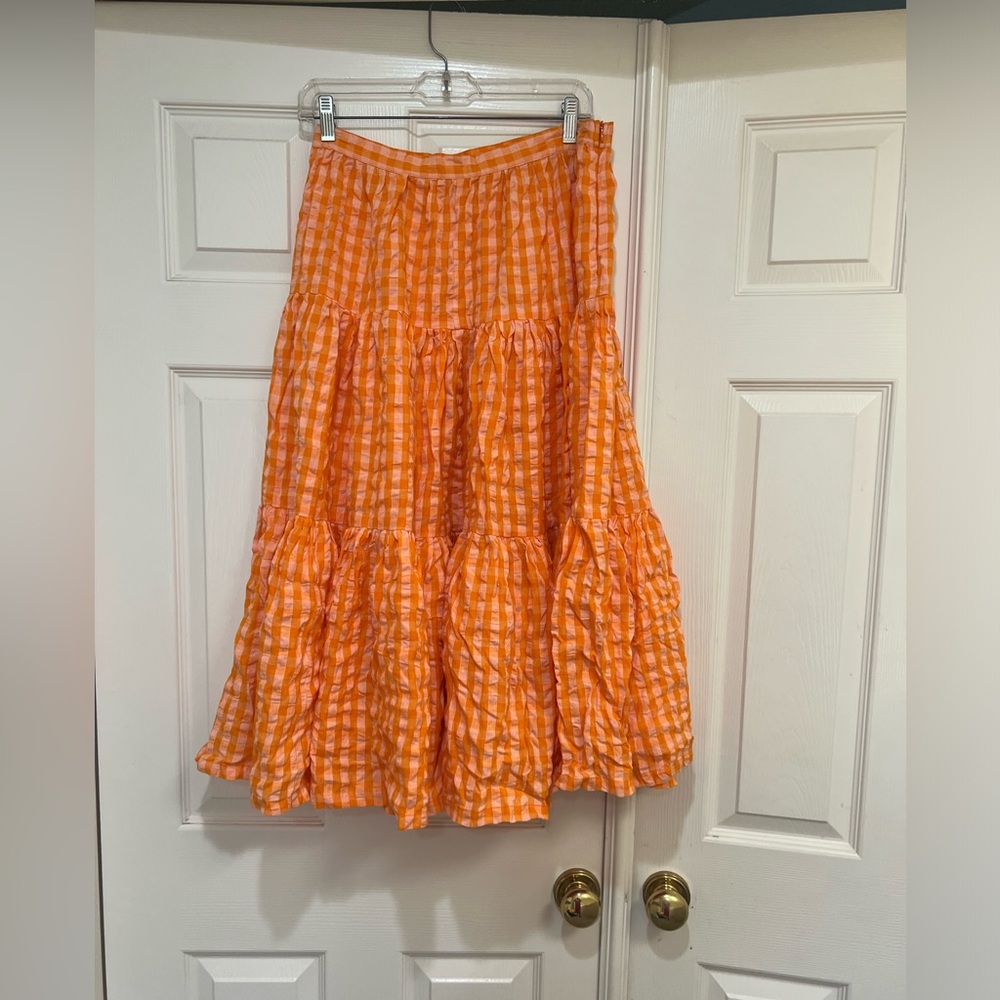 NWNT Tiered Gingham Summer Midi Skirt Cotton Orange‎ size 8 summer Skirt boho